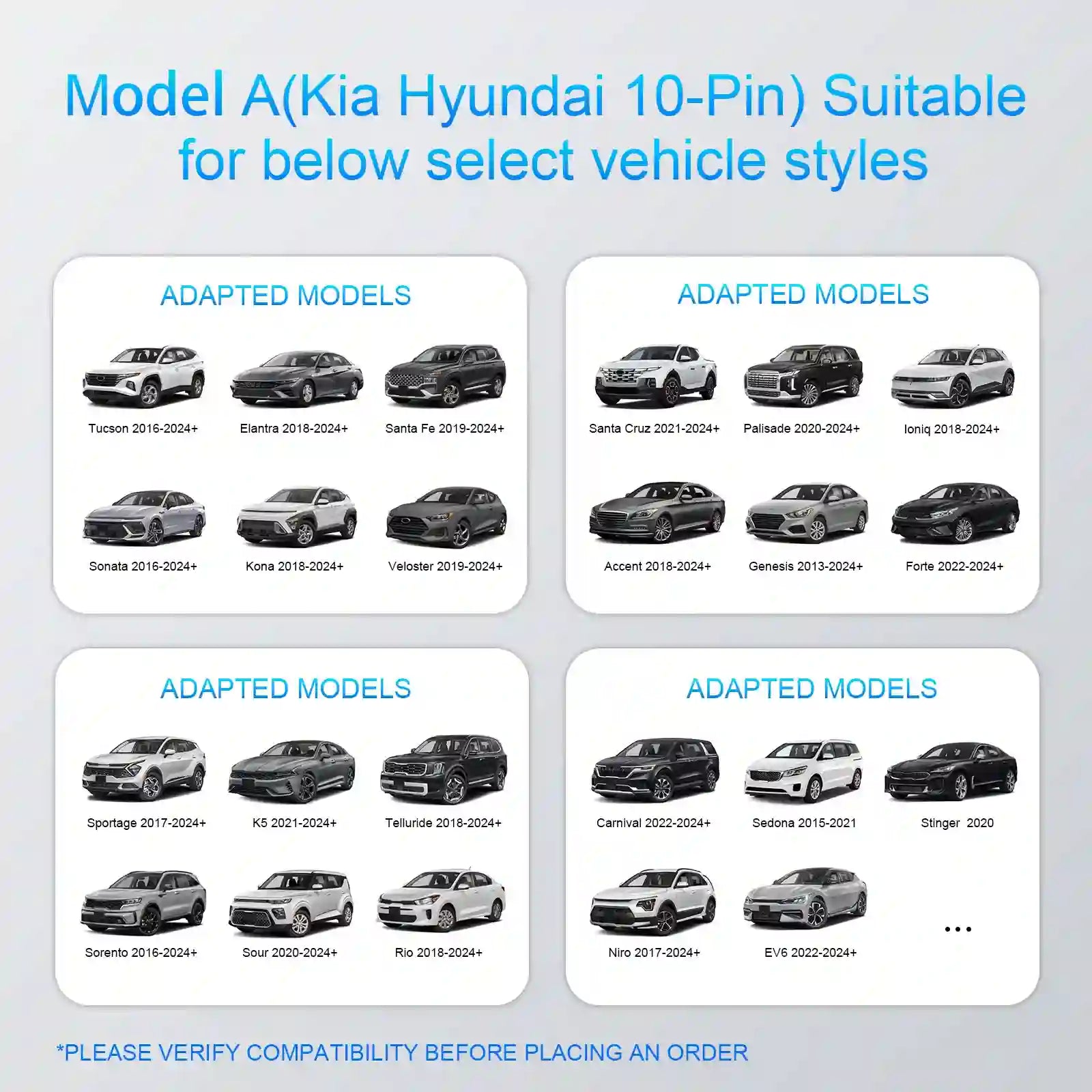 List of adapted vehicle models for Kia Hyundai 10-Pin compatibility on a gray background