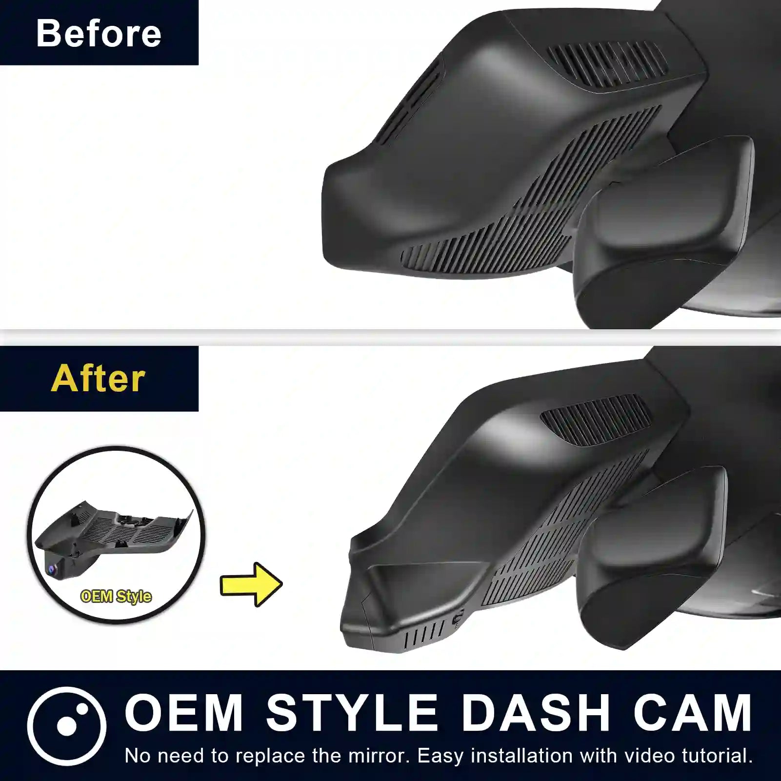 Comparison of OEM style dash cam installation on a car dashboard with 'Before' and 'After' labels Mercedes Gen-6 E-Class mangoal dash camera 