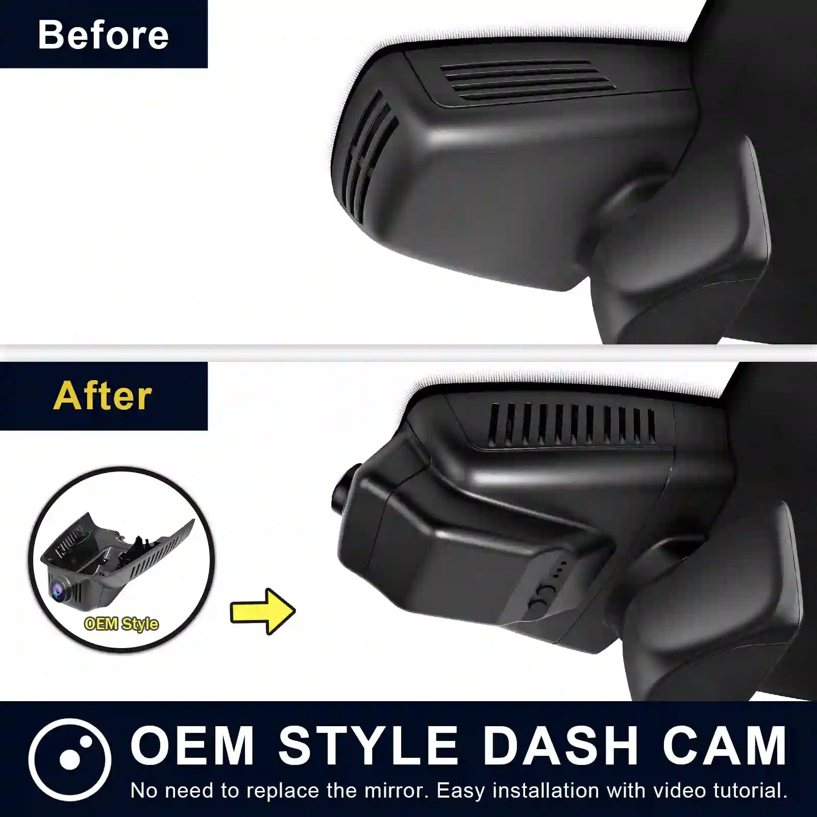Mercedez benz model-A Black Comparison of a car mirror with and without an OEM style dash cam one & two channel camera installation.