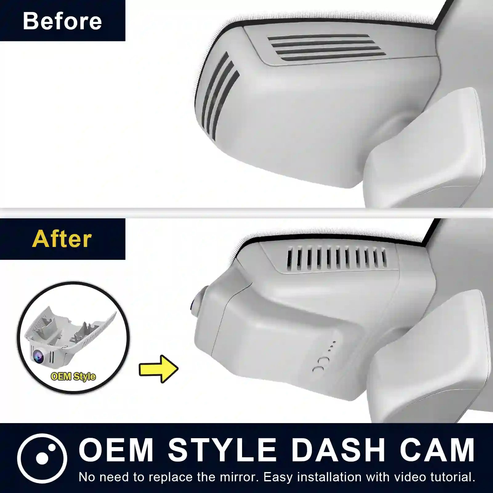 Mercedez benz model-A Gray Comparison of car mirror with OEM style dash cam installation.