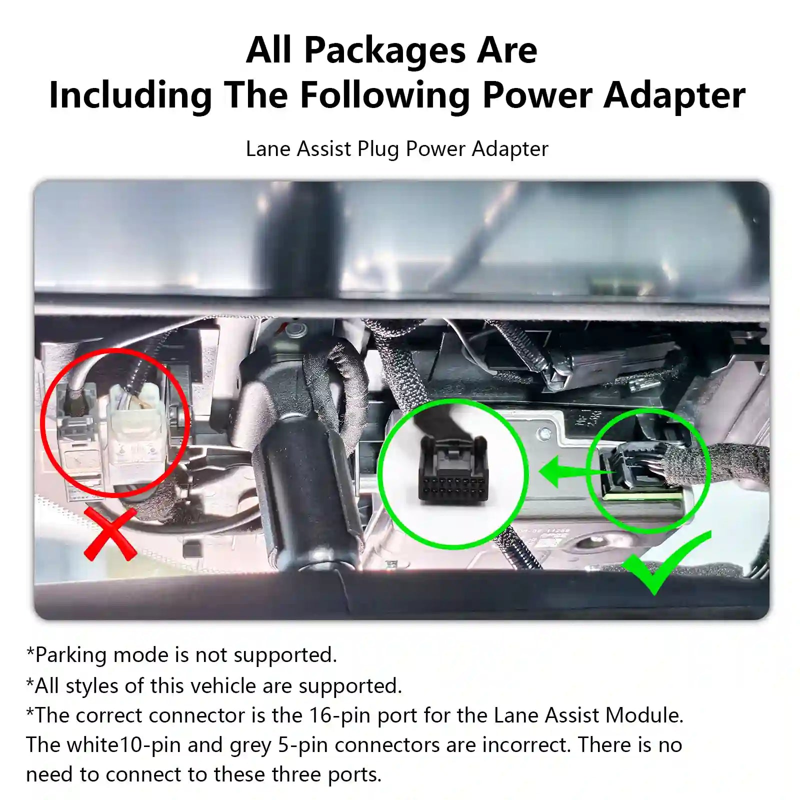 Car interior with power adapter connection diagram and text about power adapter inclusion.   For mangoal tech dash camera
