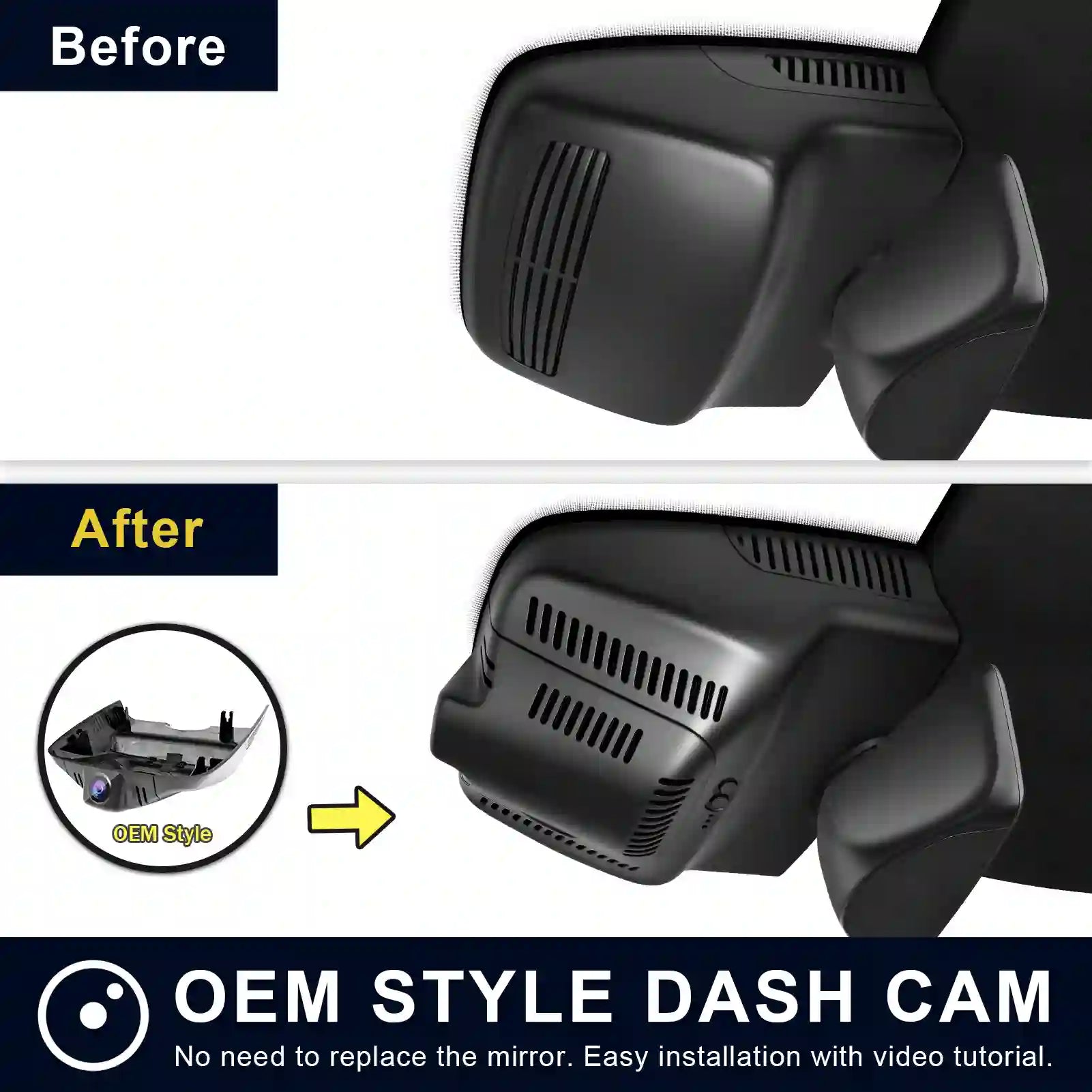 Mercedez benz model-B GLK Before and after comparison of a car mirror with an OEM style dash cam installation.