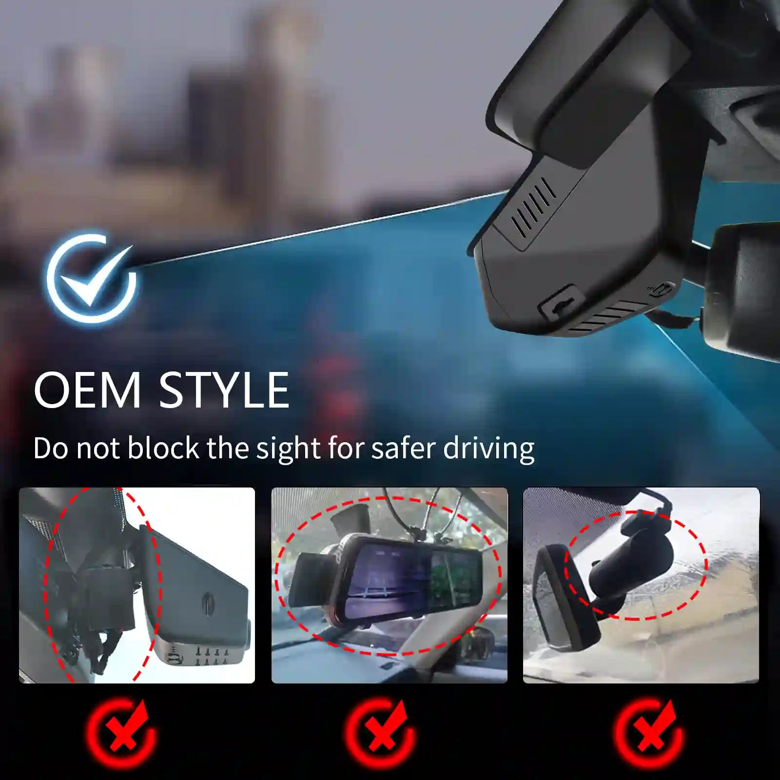 Car dashboard camera with instructions on safe installation and clear view for safer driving.