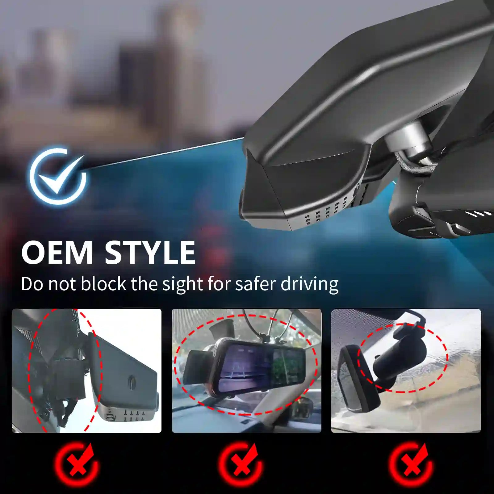 Car rearview mirror with a mounted device, emphasizing safe installation. by mangoal tech dash camera 