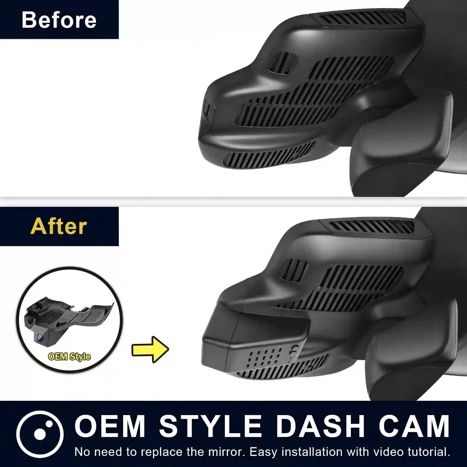 Comparison of OEM style dash cam before and after installation on a car mirror.