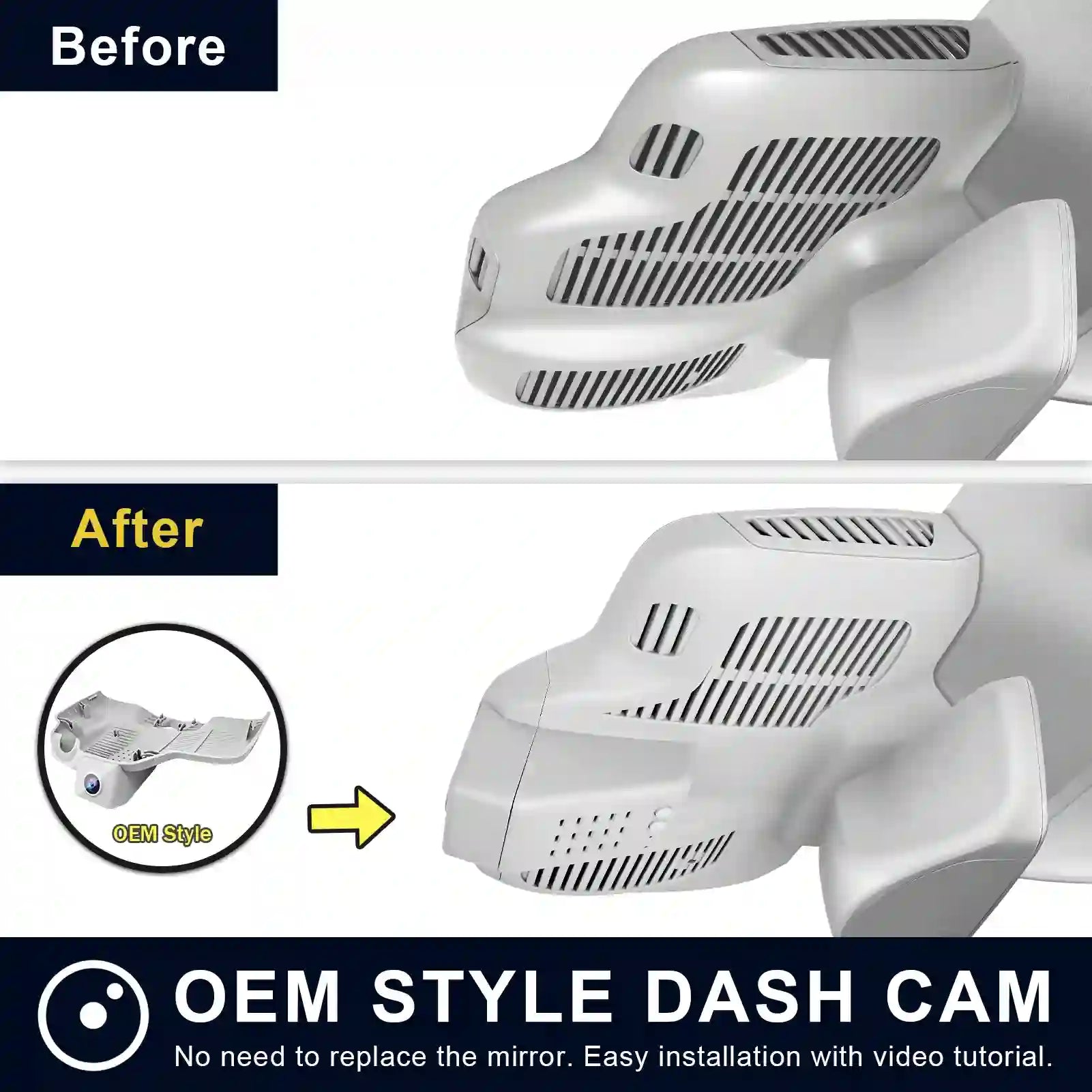 Comparison of OEM style dash cam before and after installation on a vehicle.
