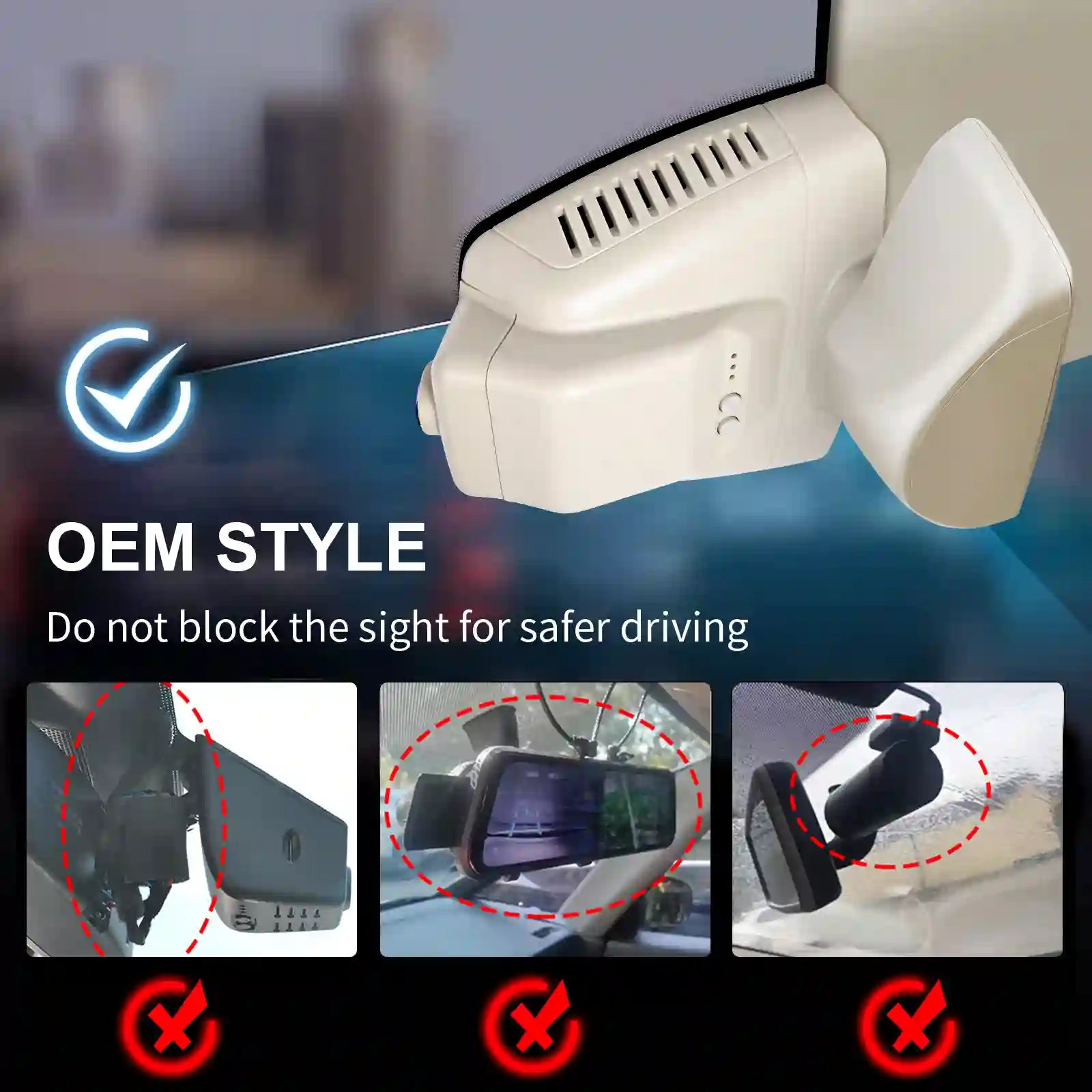 Mercedez benz beige Car dashboard camera with text 'OEM Style' and safety features.