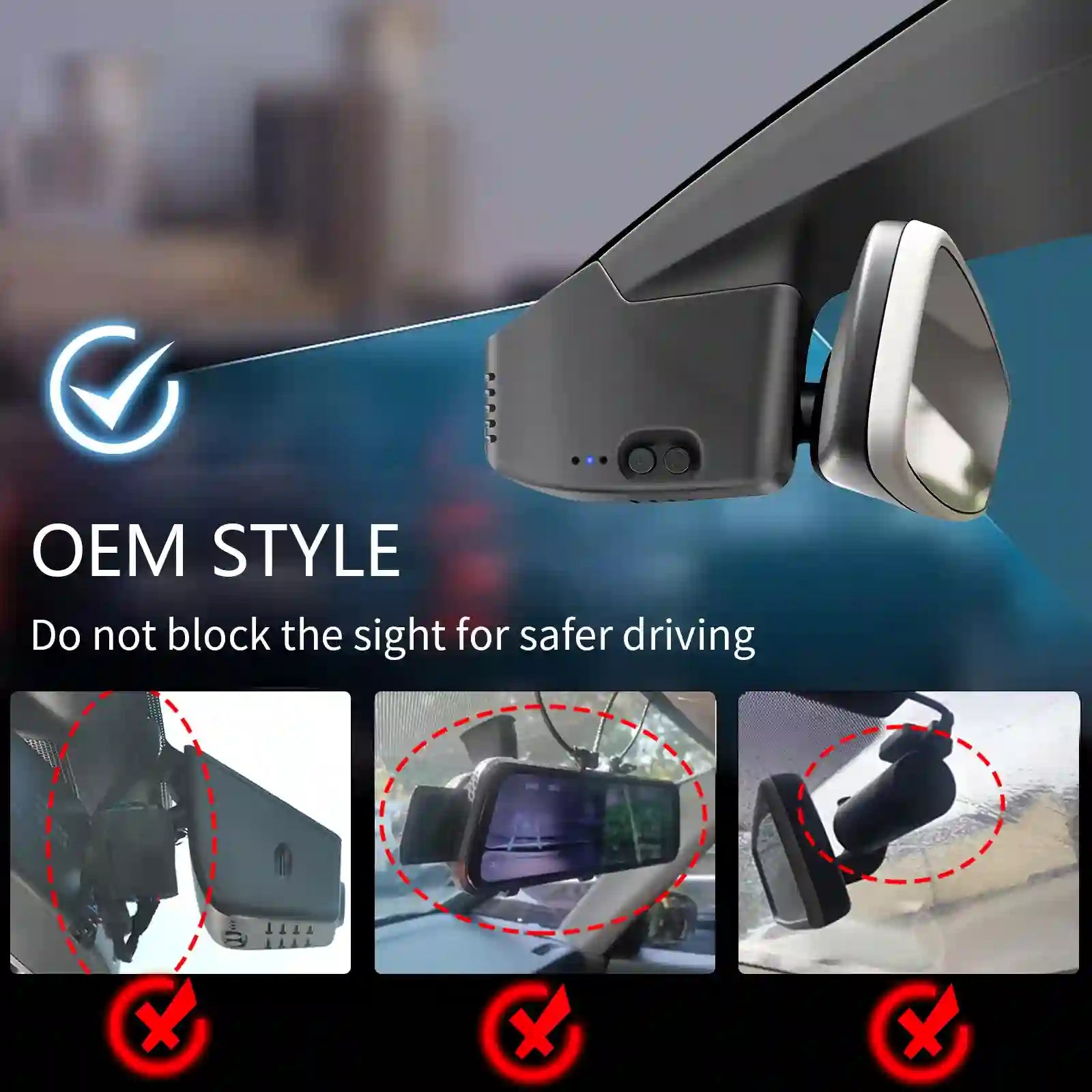 Car rearview mirror with camera attachment on a blurred cityscape background