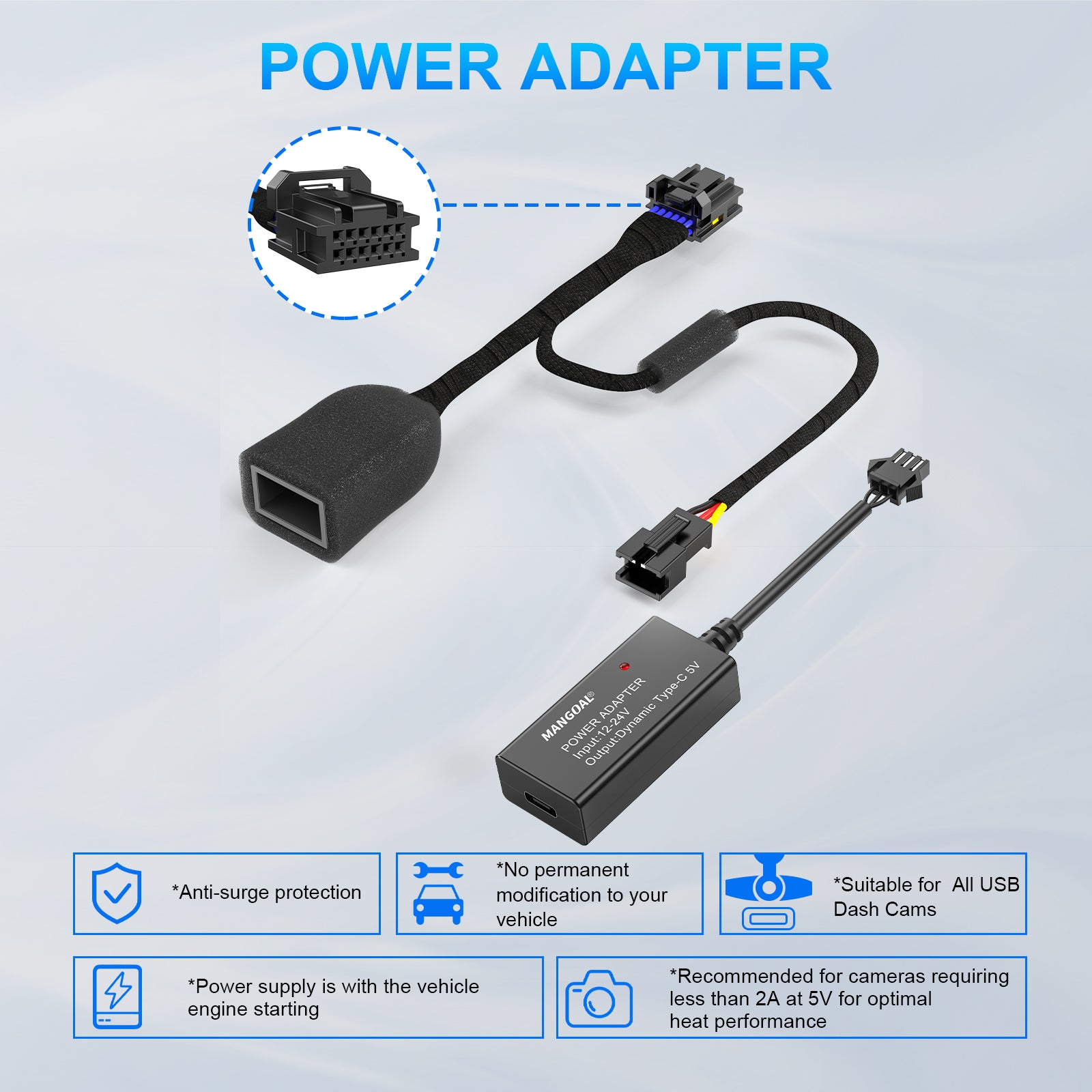 DashCam Power Adapter for Hyundai, Kia & Genesis with 12-Pin Lane Keeping Assist Port (Model C)– Hidden Cable Kit for GPS Radar Mirror Camera, Plug & Play,Connector Located on the Side of the Module