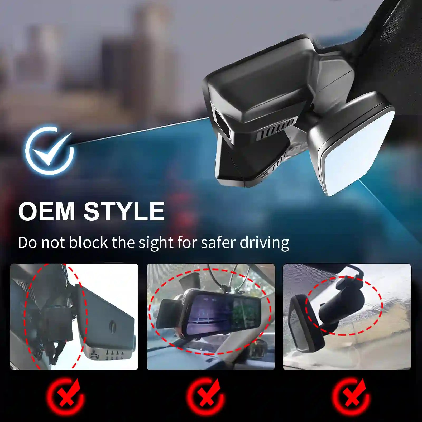 Car mangoal OEM style dash camera  with a cityscape background, emphasizing safe installation.