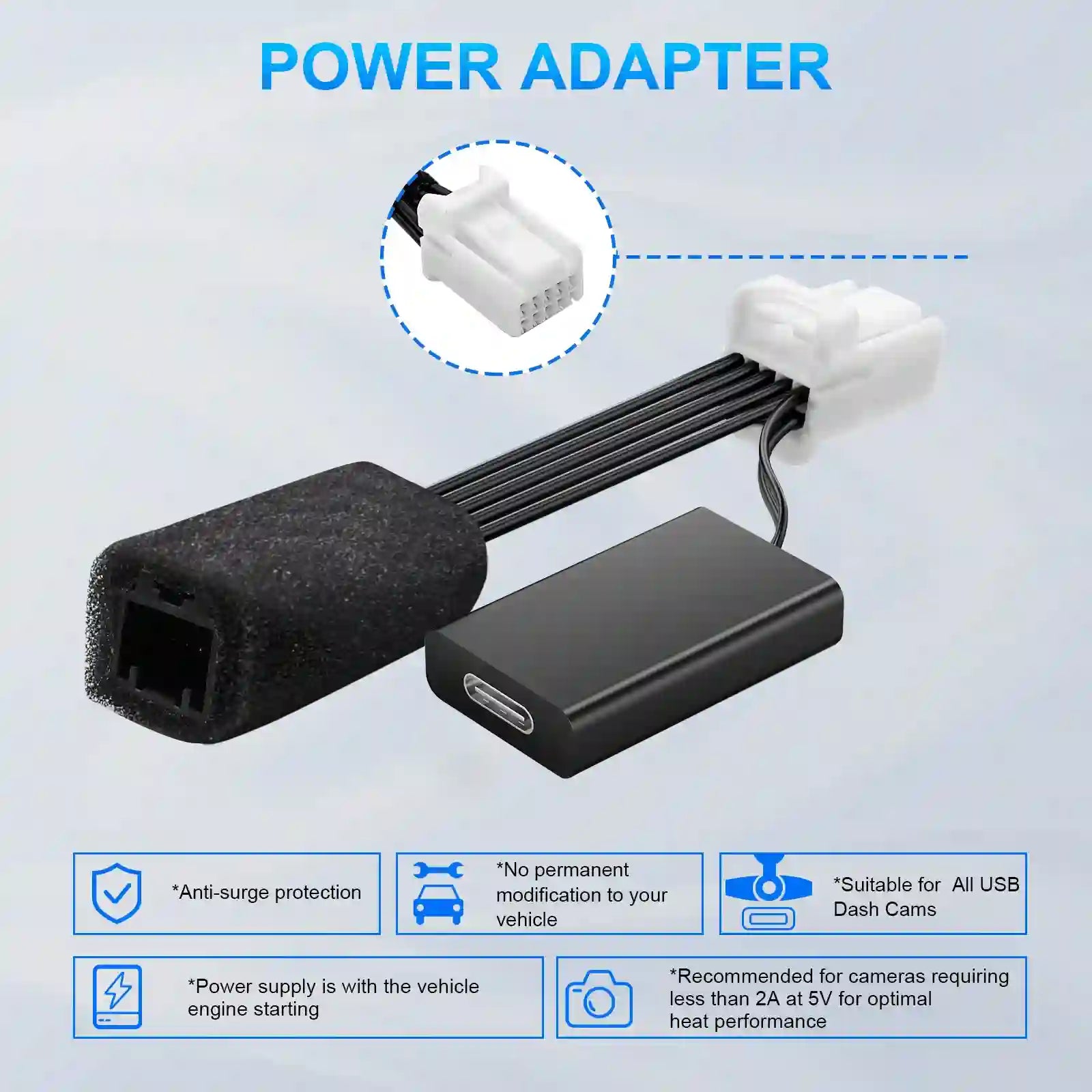 Power adapter with USB connector on a light blue background