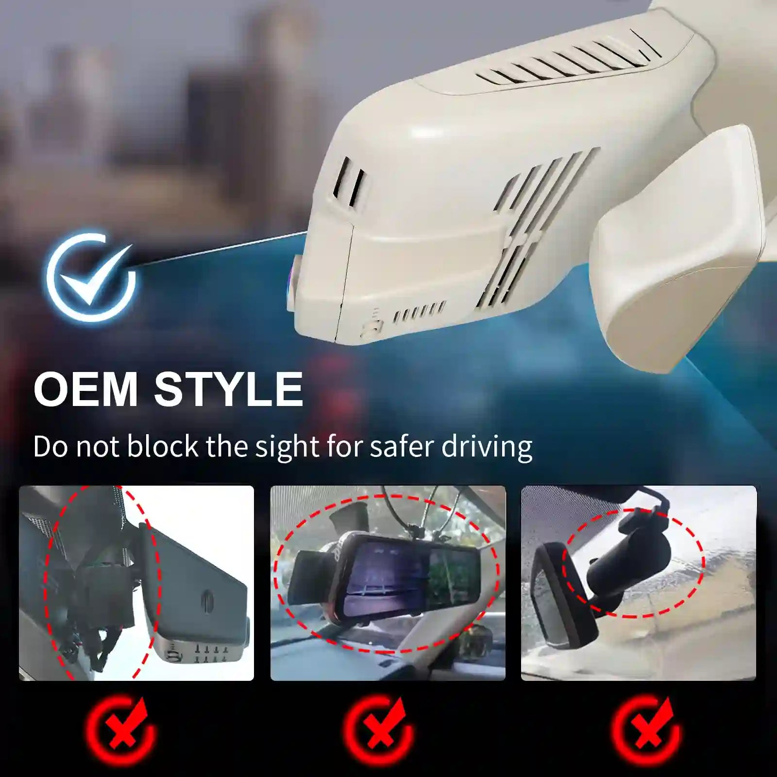 Car camer with a blurred cityscape background, emphasizing safe installation.
