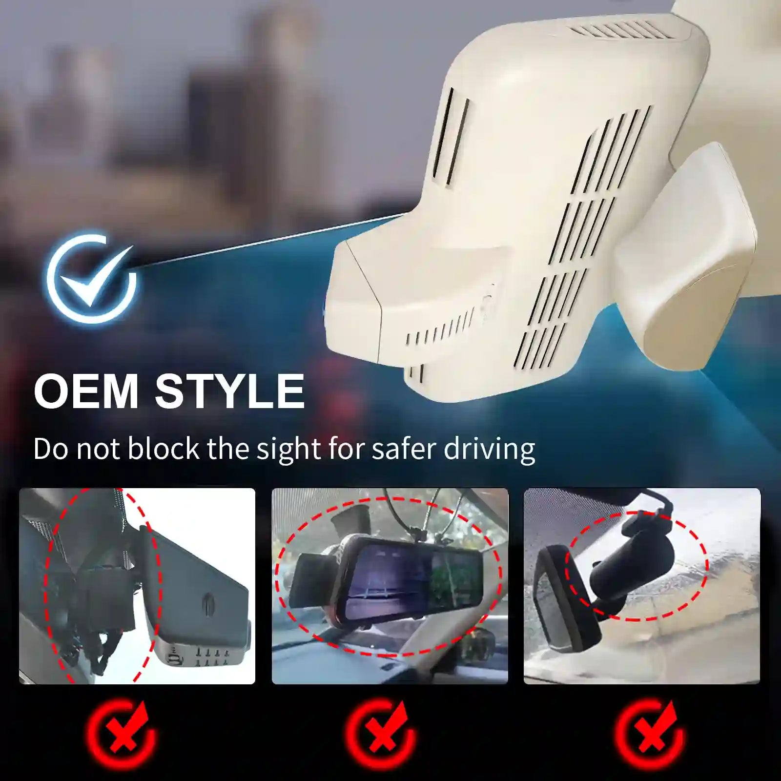Car air freshener with text about safe installation and benefits on a blurred cityscape background