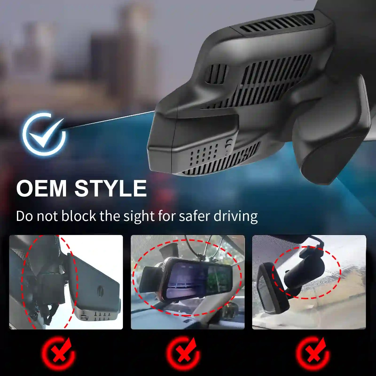 Car cam with a blurred cityscape background, emphasizing safe installation.