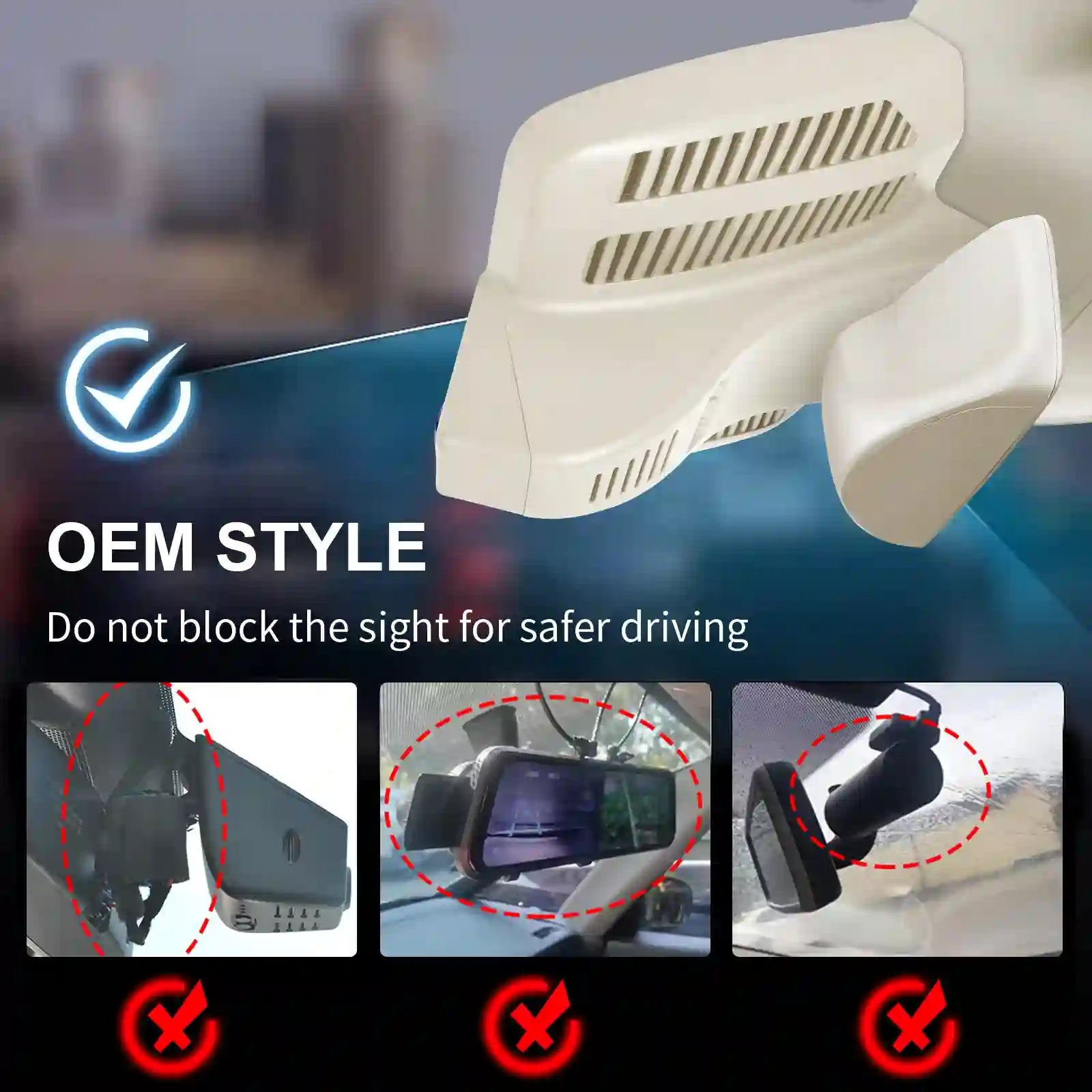 Car camera with text about safe installation on a car dashboard.