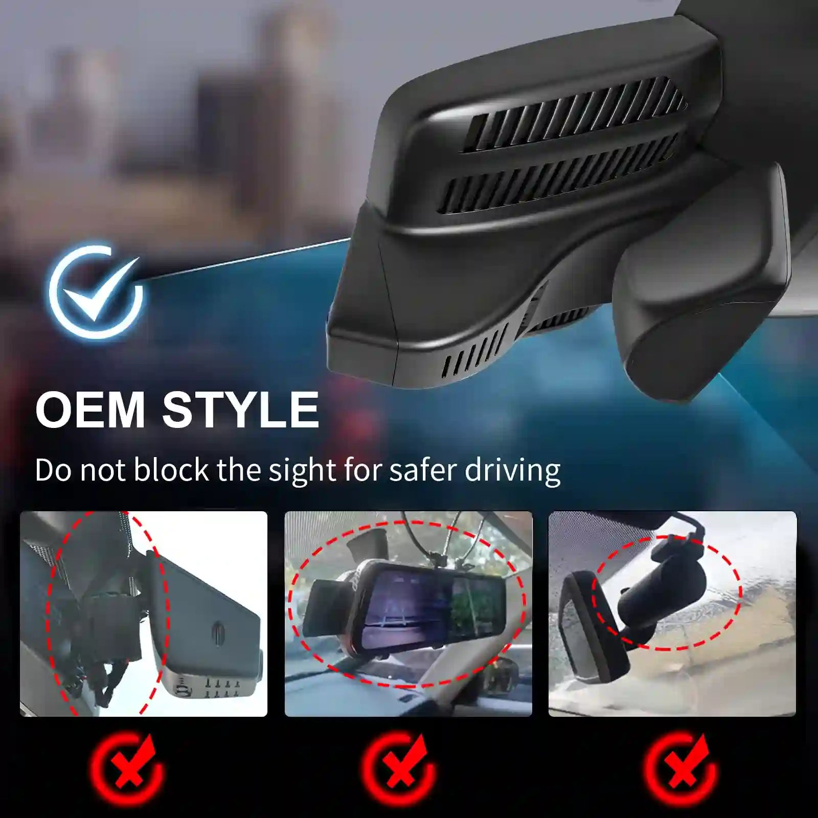 Car rearview mirror with text about safe driving and OEM style camera