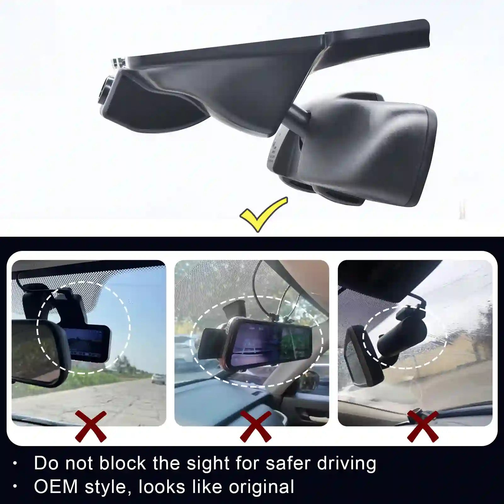 Car rearview mirror with additional attachment, showing correct and incorrect installation methods.