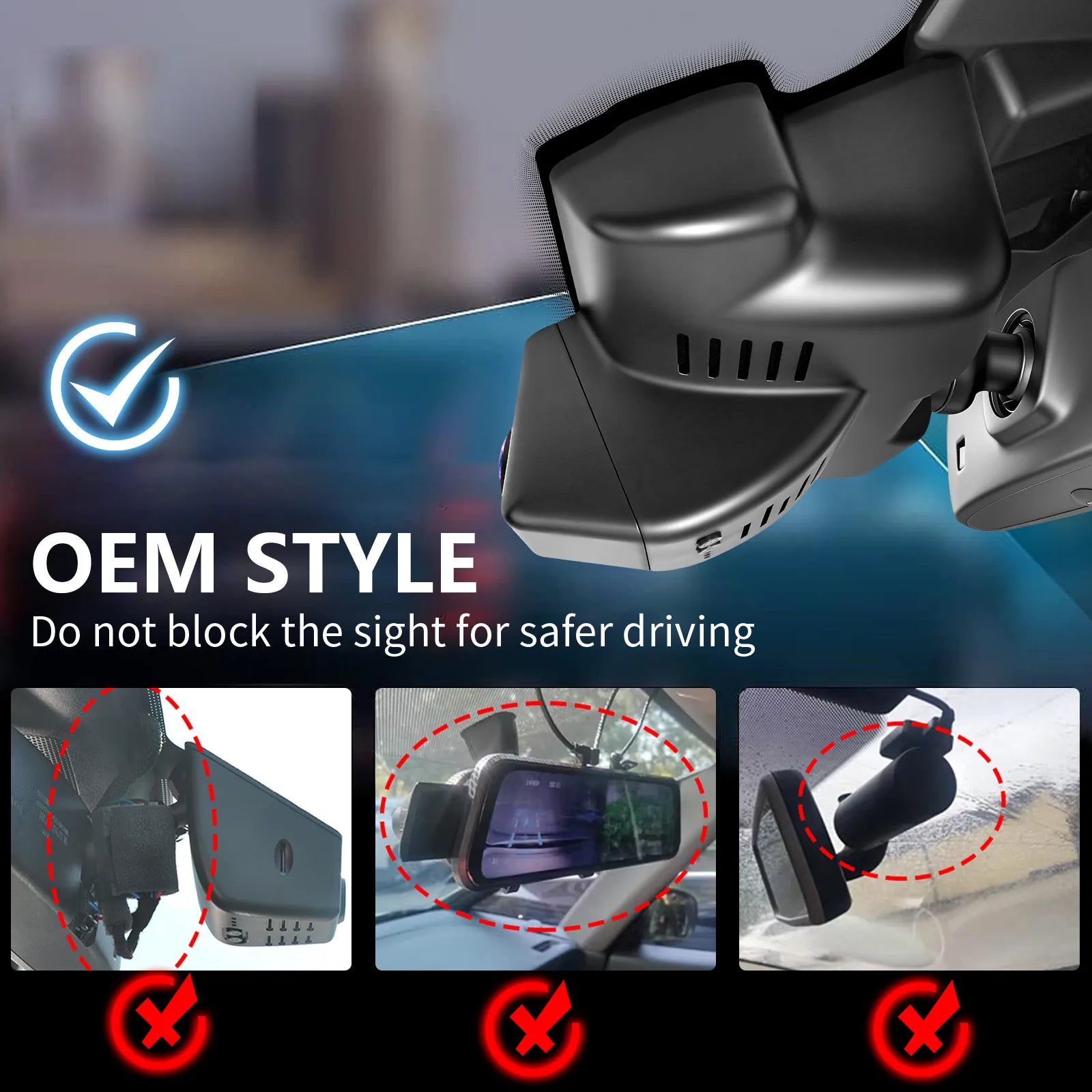 Car rearview mirror with camera attachment and safety features highlighted