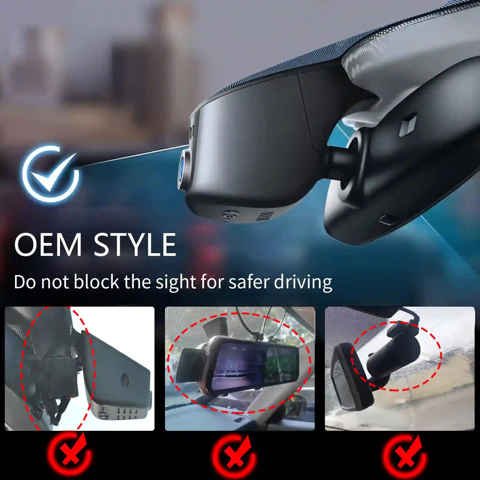 Car camera mount with text about safe driving and OEM style compatibility.