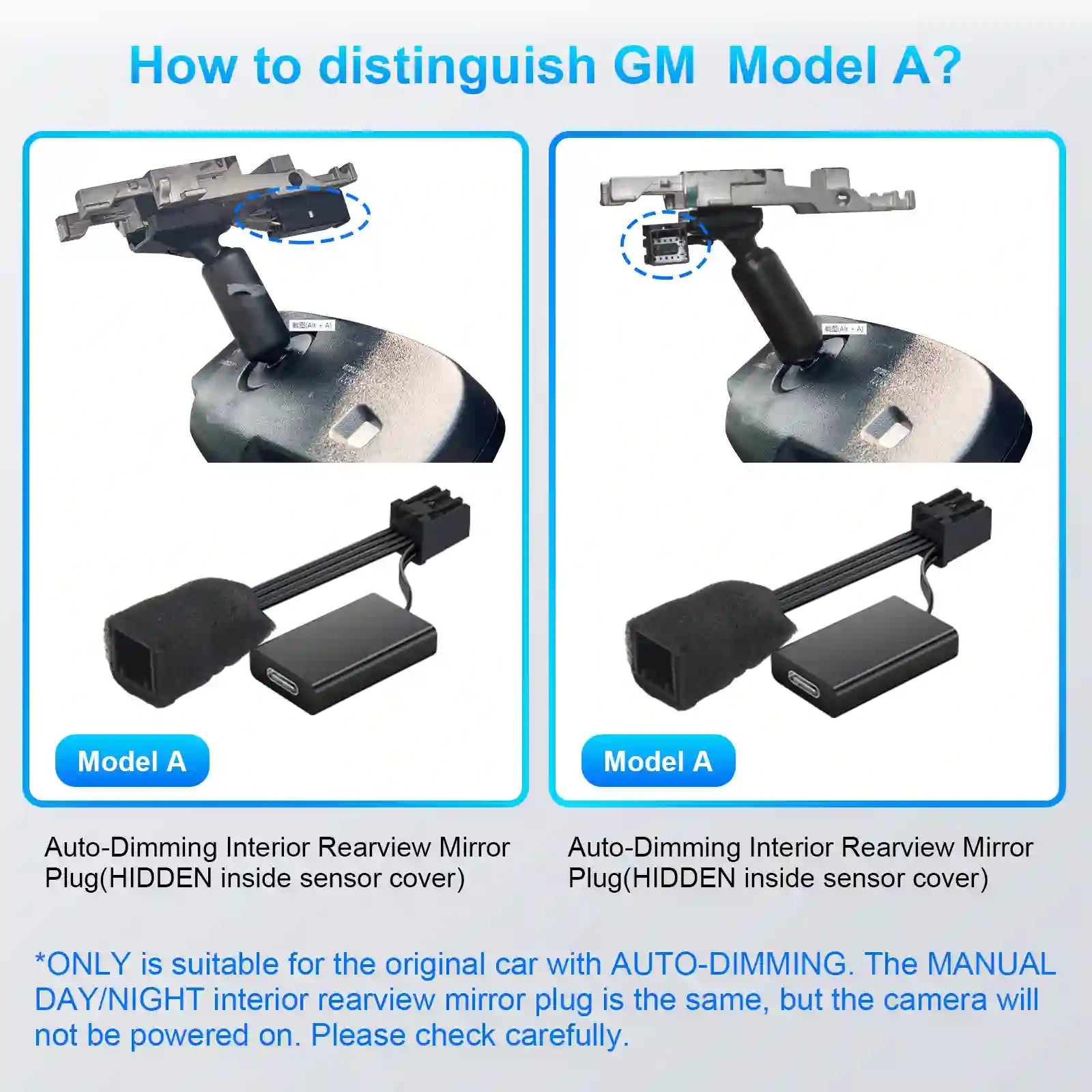 Comparison of two GM Auto-Dimming Interior Rearview Mirror plugs with text explaining differences.   For mangoal tech dash camera