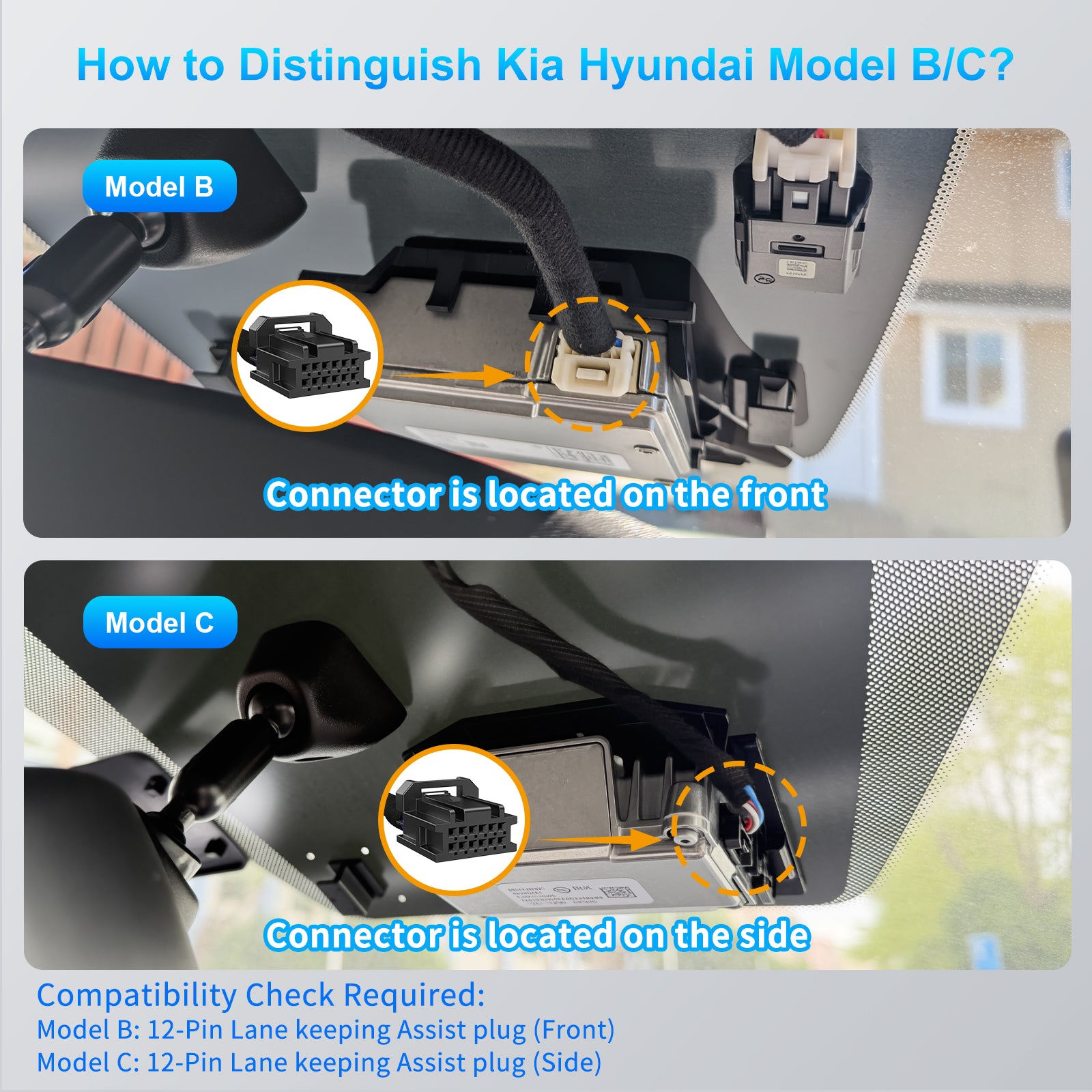 DashCam Power Adapter for Hyundai, Kia & Genesis with12-Pin Lane Keeping Assist Port (Model B)- Hidden CableKit for GPS Radar Mirror Camera, Plug & Play, ConnectorLocated on the Front of the Module