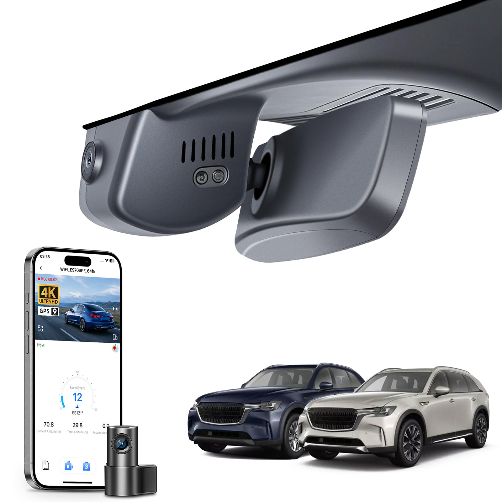 2 channel dash cam with dual STARVIS 2, features smartphone app control, 4K Ultra HD recording, GPS tracking, and Mazda CX-90 SUV models in the background. 