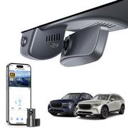 2 channel dash cam with dual STARVIS 2, features smartphone app control, 4K Ultra HD recording, GPS tracking, and Mazda CX-90 SUV models in the background. 