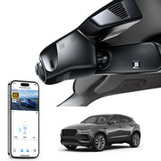 Car rearview mirror built-in dash cam with smartphone app control, 4K Ultra HD recording, GPS tracking and Jaguar E-Pace models in the background.