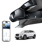 Car rearview mirror built-in dash cam with smartphone app control, 4K Ultra HD recording, GPS tracking and Jaguar F Type models in the background.