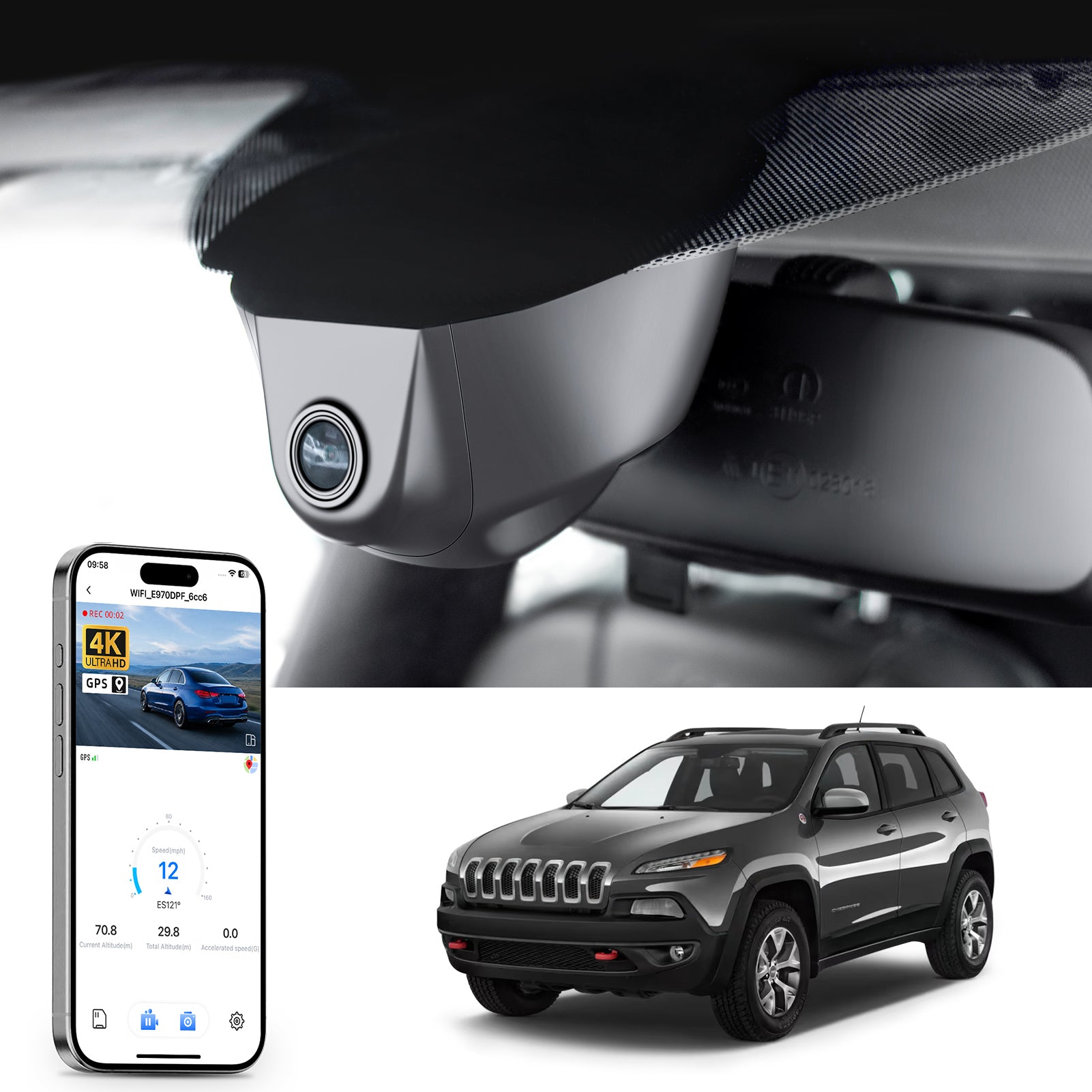 Car rearview mirror built-in dash cam with smartphone app control, 4K Ultra HD recording, GPS tracking and Jeep Cherokee models in the background.