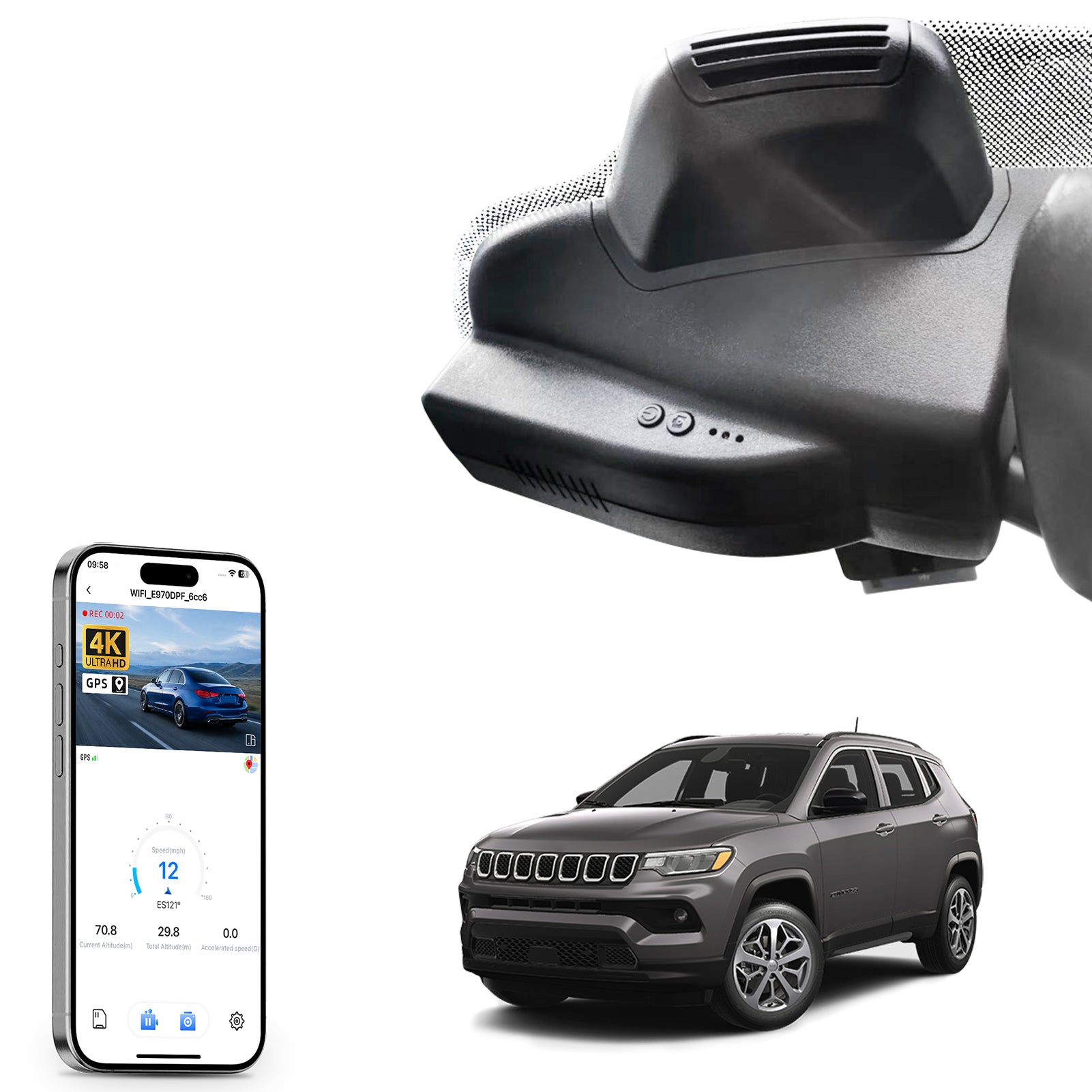 Car rearview mirror built-in dash cam with smartphone app control, 4K Ultra HD recording, GPS tracking and Jeep Compass models in the background.