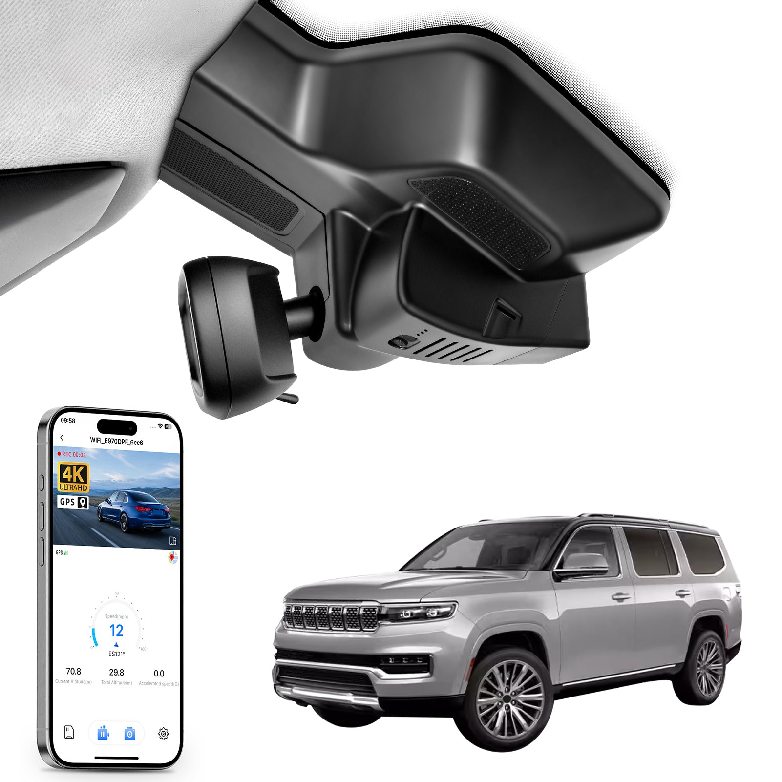 Car rearview mirror built-in dash cam with smartphone app control, 4K Ultra HD recording, GPS tracking andJeep Grand Cherokee models in the background.
