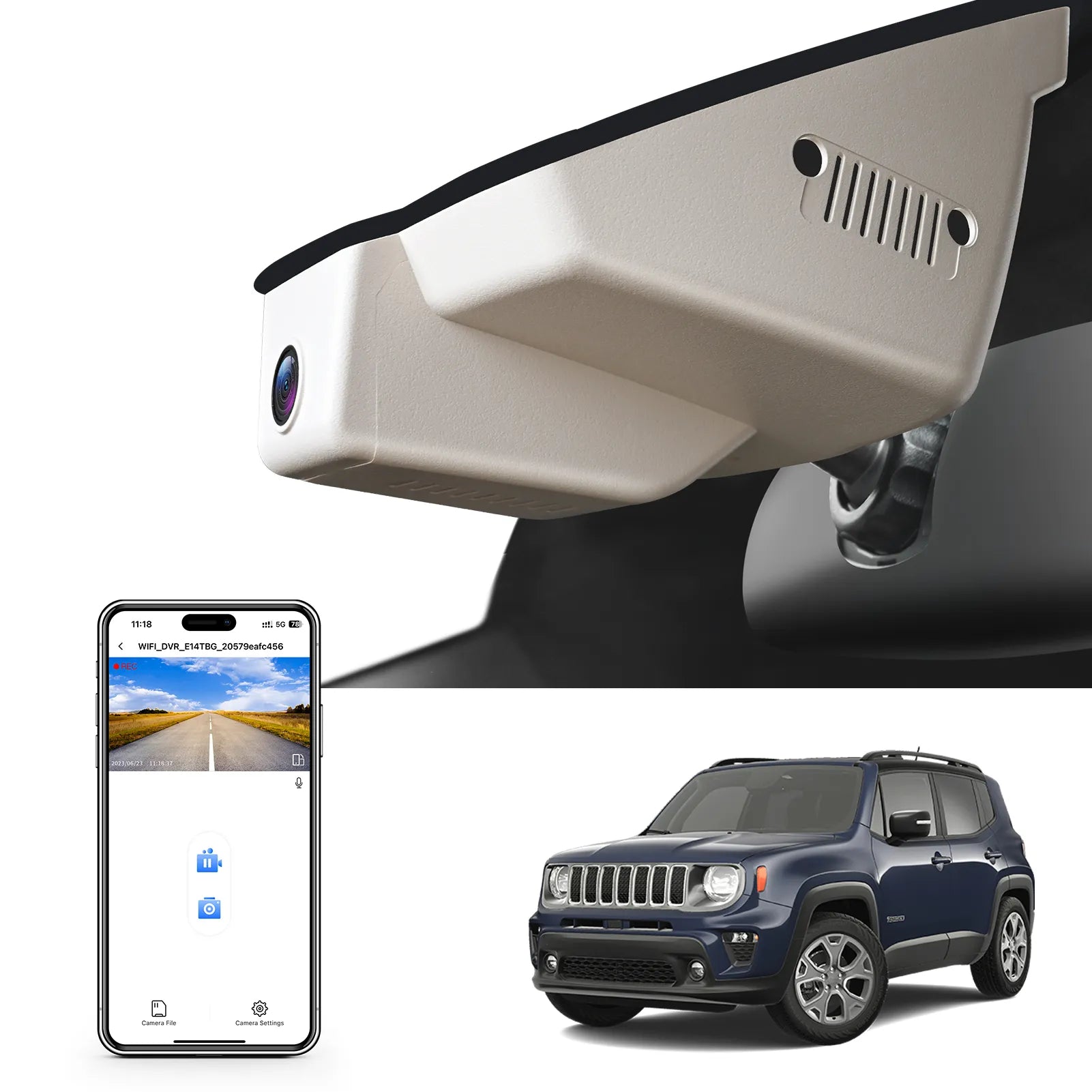 Car rearview mirror built-in dash cam with smartphone app control, 4K Ultra HD recording, GPS tracking and Jeep Renegade models in the background.