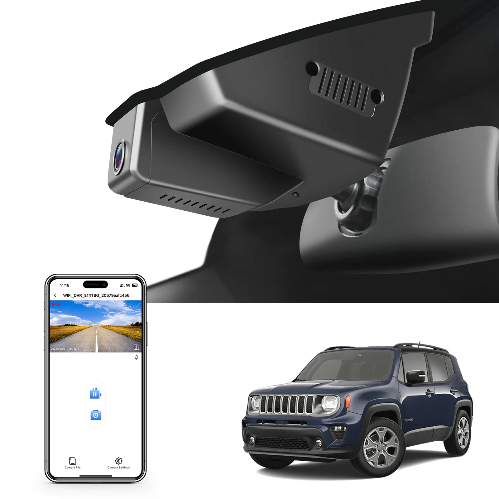 Car rearview mirror built-in dash cam with smartphone app control, 4K Ultra HD recording, GPS tracking and Jeep Renegade models in the background.