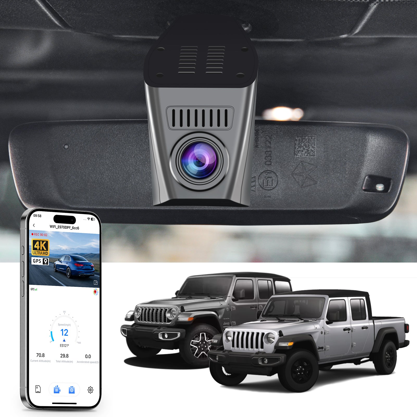 Car rearview mirror built-in dash cam with smartphone app control, 4K Ultra HD recording, GPS tracking and Jeep Wrangler Gladiator models in the background.