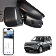 Car rearview mirror built-in dash cam with smartphone app control, 4K Ultra HD recording, GPS tracking and Land Rover Discovery 4 / LR4 models in the background.