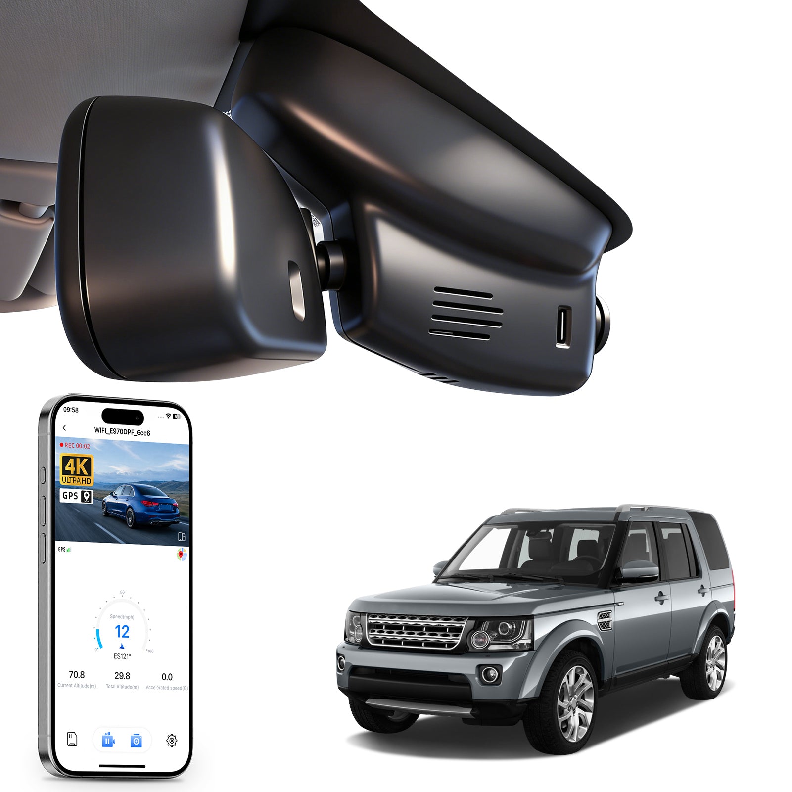Car rearview mirror built-in dash cam with smartphone app control, 4K Ultra HD recording, GPS tracking and Land Rover Discovery 4 / LR4 models in the background.