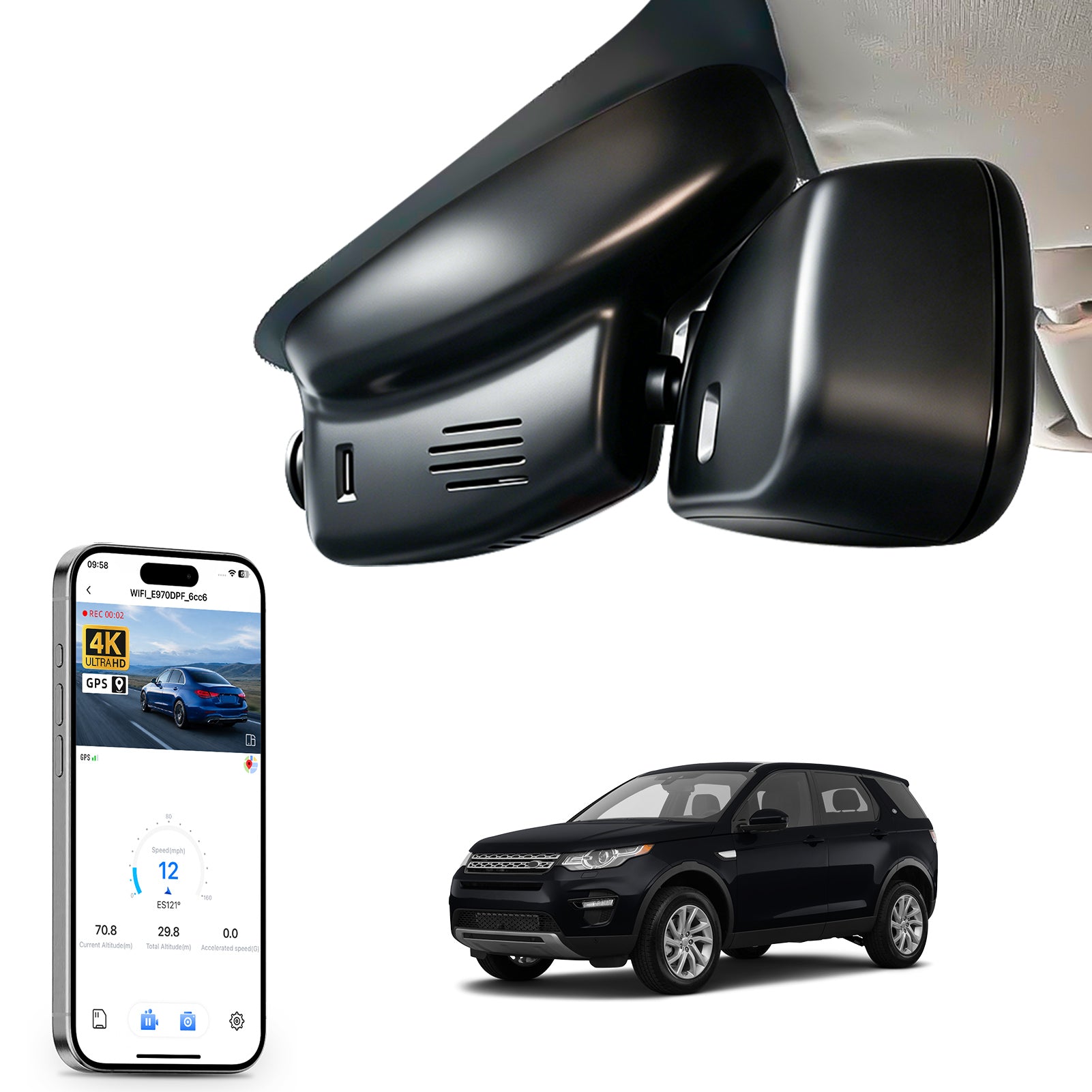 Car rearview mirror built-in dash cam with smartphone app control, 4K Ultra HD recording, GPS tracking and Land Rover Discovery Sport models in the background.