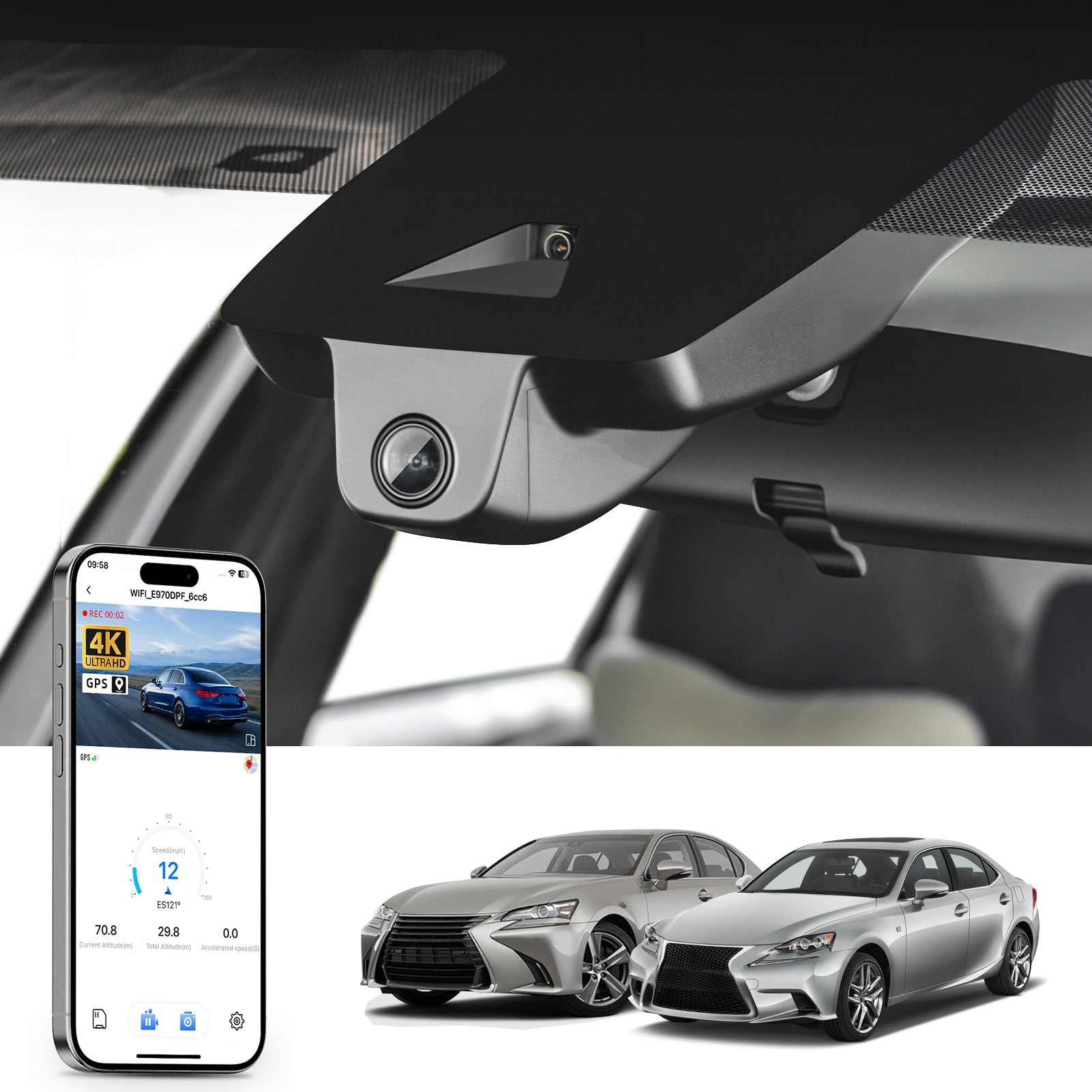 Car rearview mirror built-in dash cam with smartphone app control, 4K Ultra HD recording, GPS tracking and Lexus ES models in the background.