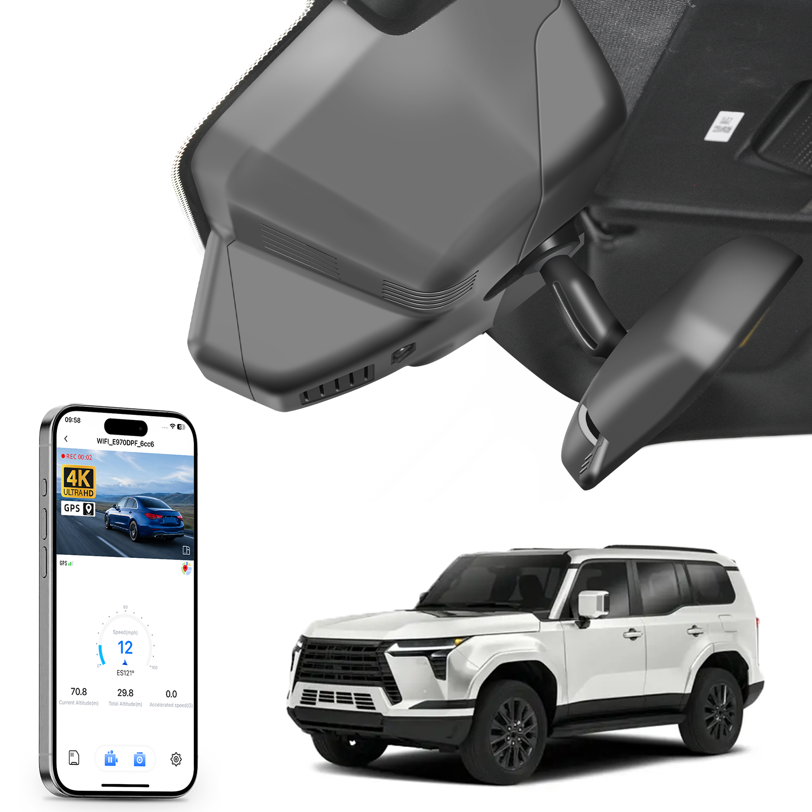 Car rearview mirror built-in dash cam with smartphone app control, 4K Ultra HD recording, GPS tracking and Lexus GX550 models in the background.