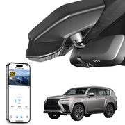 Car rearview mirror built-in dash cam with smartphone app control, 4K Ultra HD recording, GPS tracking and Lexus LX models in the background.