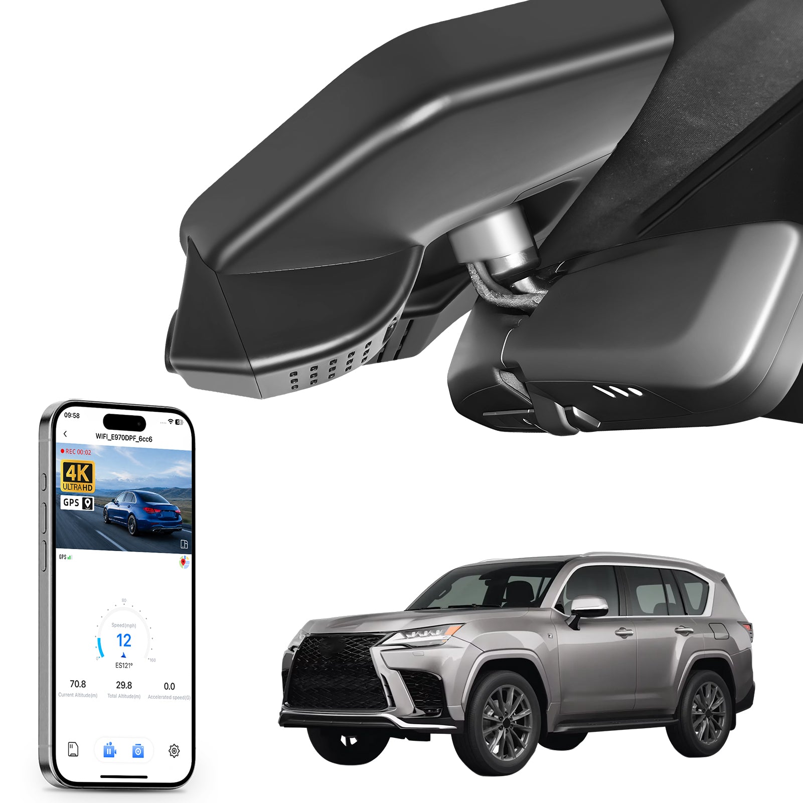Car rearview mirror built-in dash cam with smartphone app control, 4K Ultra HD recording, GPS tracking and Lexus LX models in the background.