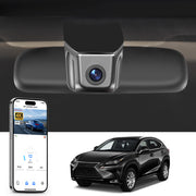 Car rearview mirror built-in dash cam with smartphone app control, 4K Ultra HD recording, GPS tracking and Lexus NX models in the background.