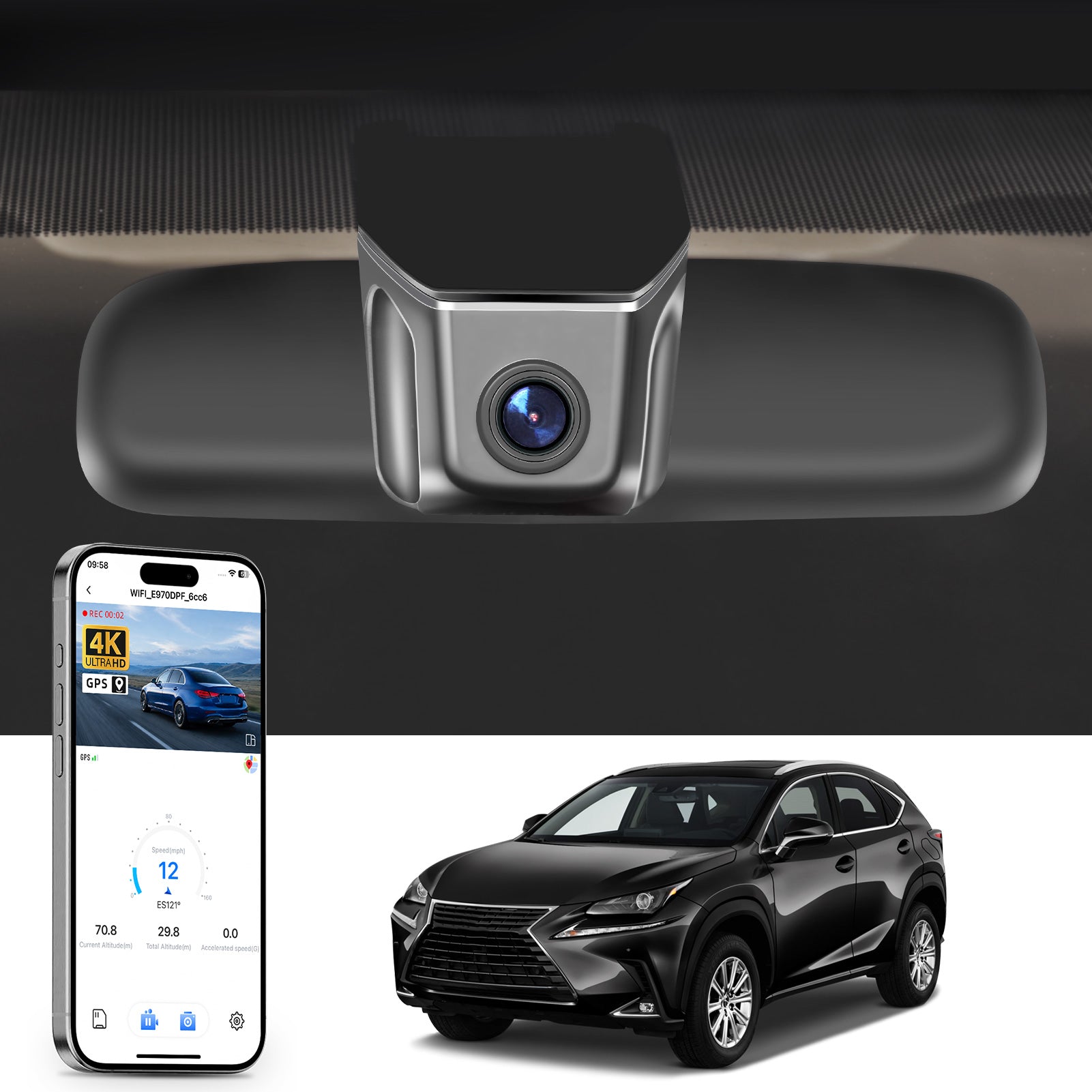 Car rearview mirror built-in dash cam with smartphone app control, 4K Ultra HD recording, GPS tracking and Lexus NX models in the background.