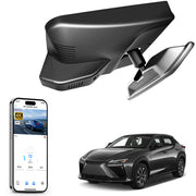 Car rearview mirror built-in dash cam with smartphone app control, 4K Ultra HD recording, GPS tracking and Lexus RZ models in the background.