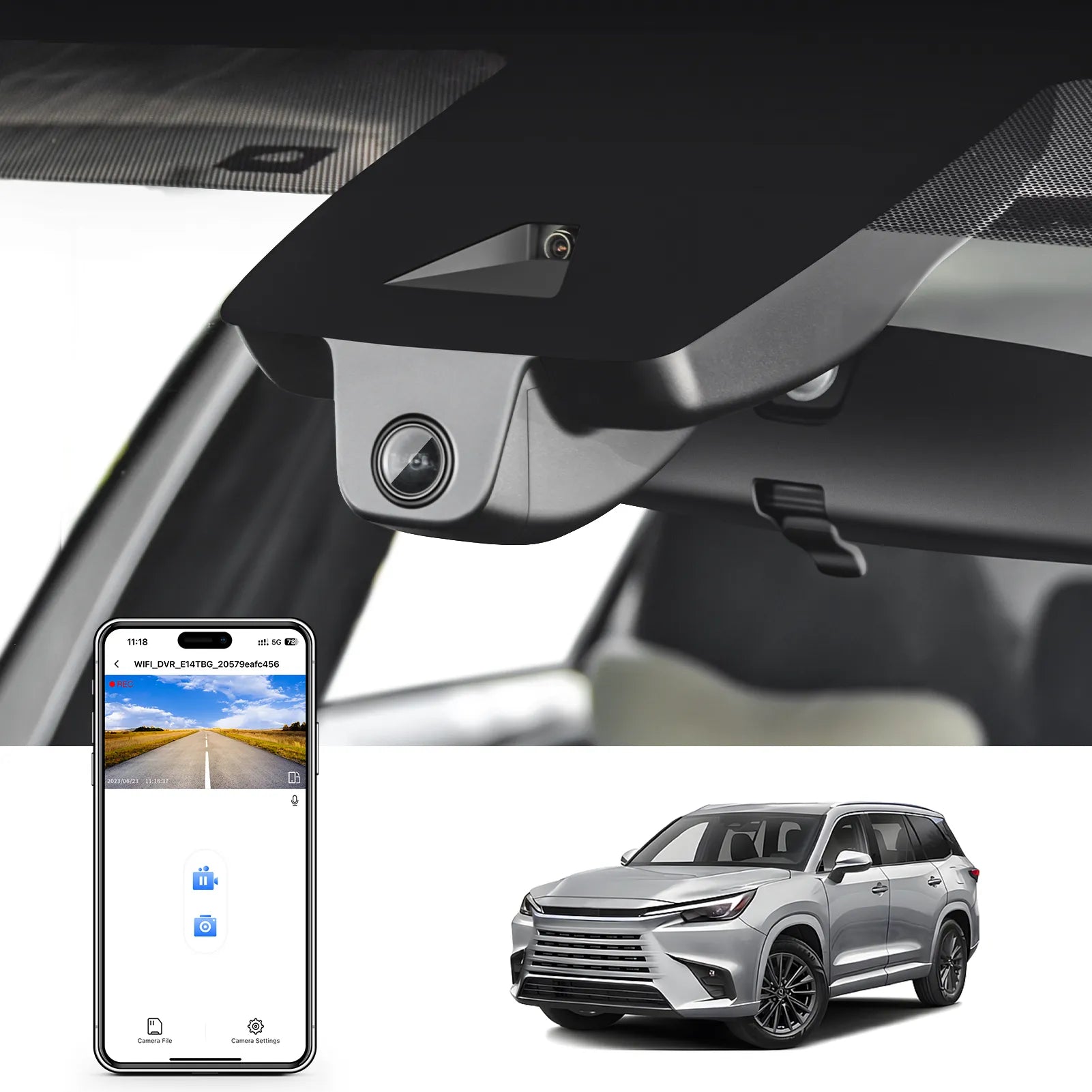 Car rearview mirror built-in dash cam with smartphone app control, 4K Ultra HD recording, GPS tracking and Lexus TX models in the background.