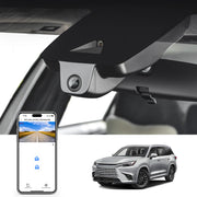 Car rearview mirror built-in dash cam with smartphone app control, 4K Ultra HD recording, GPS tracking and Lexus TX models in the background.