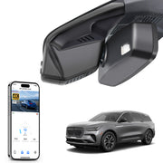 Car rearview mirror built-in dash cam with smartphone app control, 4K Ultra HD recording, GPS tracking and Lincoln Nautilus models in the background.