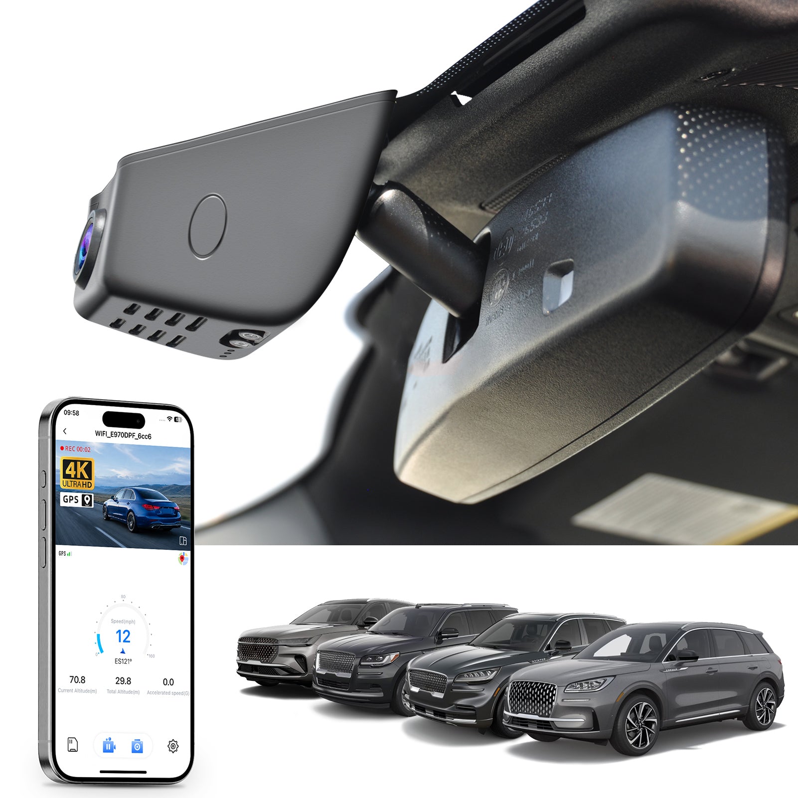 Car rearview mirror built-in dash cam with smartphone app control, 4K Ultra HD recording, GPS tracking and Lincoln models in the background.