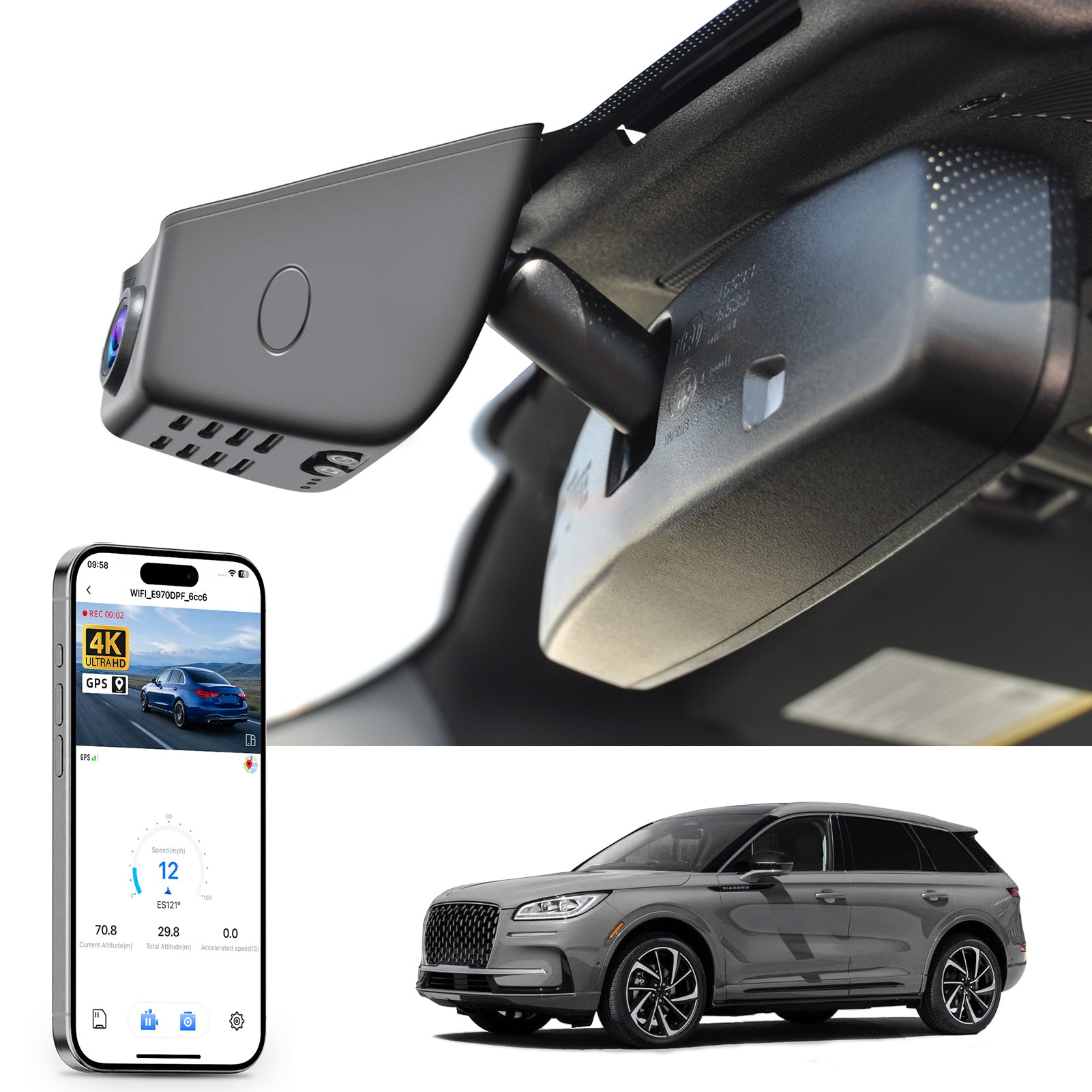 Car rearview mirror built-in dash cam with smartphone app control, 4K Ultra HD recording, GPS tracking and Lincoln Corsair models in the background.